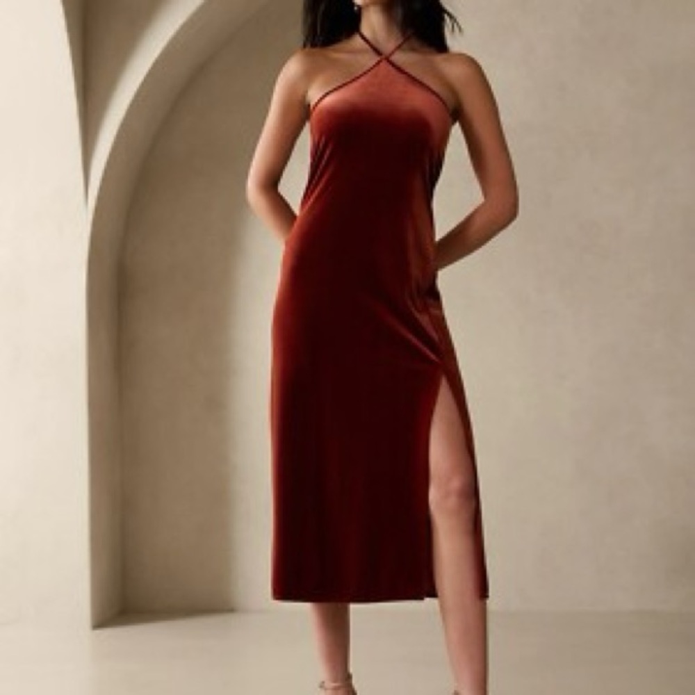 Banana Republic VELVET MIDI Triangle Halter Dress, Slit, Dark Spiced Rum XS